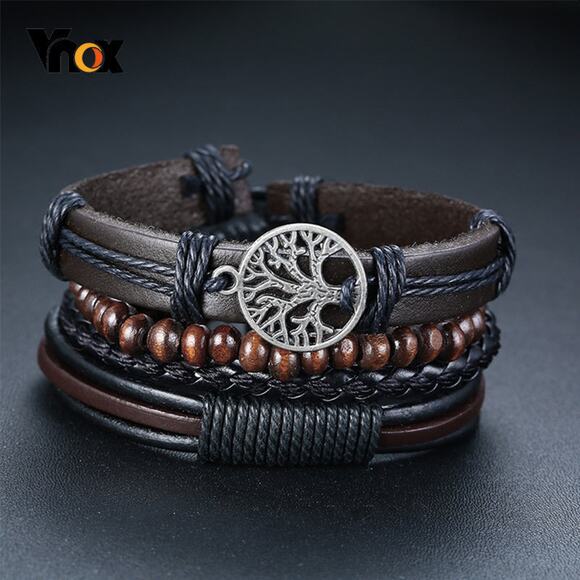Four Piece Set Tree Charm Braided Wrap Leather Bracelets - Picture 5 of 5